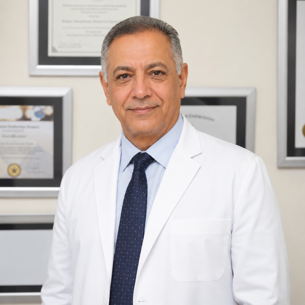 Portrait of Dr. Sameh in a white lab coat at his neurology clinic, with framed medical certifications on the wall behind him.